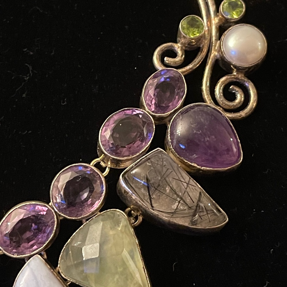 Silver Tone Necklace With Multiple Gem Stones 20” - image 4